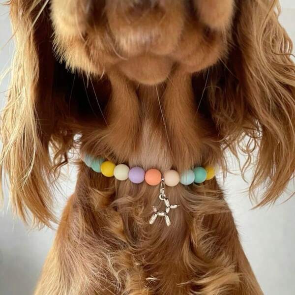 Assorted Color Dopamine Dog Necklace, Multi-Color Beaded Dog Collar, Balloon Dog Pendant, Fashionable Dog Collar, Wedding Dog Necklace, Random Color Combination