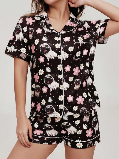2pcs Women Cute Pug Flower Print Short Sleeve Shorts Pajama Set, Comfortable Polo Collar With White Trim, Breathable Knit Top With Front Button, Elastic Waist Shorts, Suitable For All Seasons Casual Loungewear