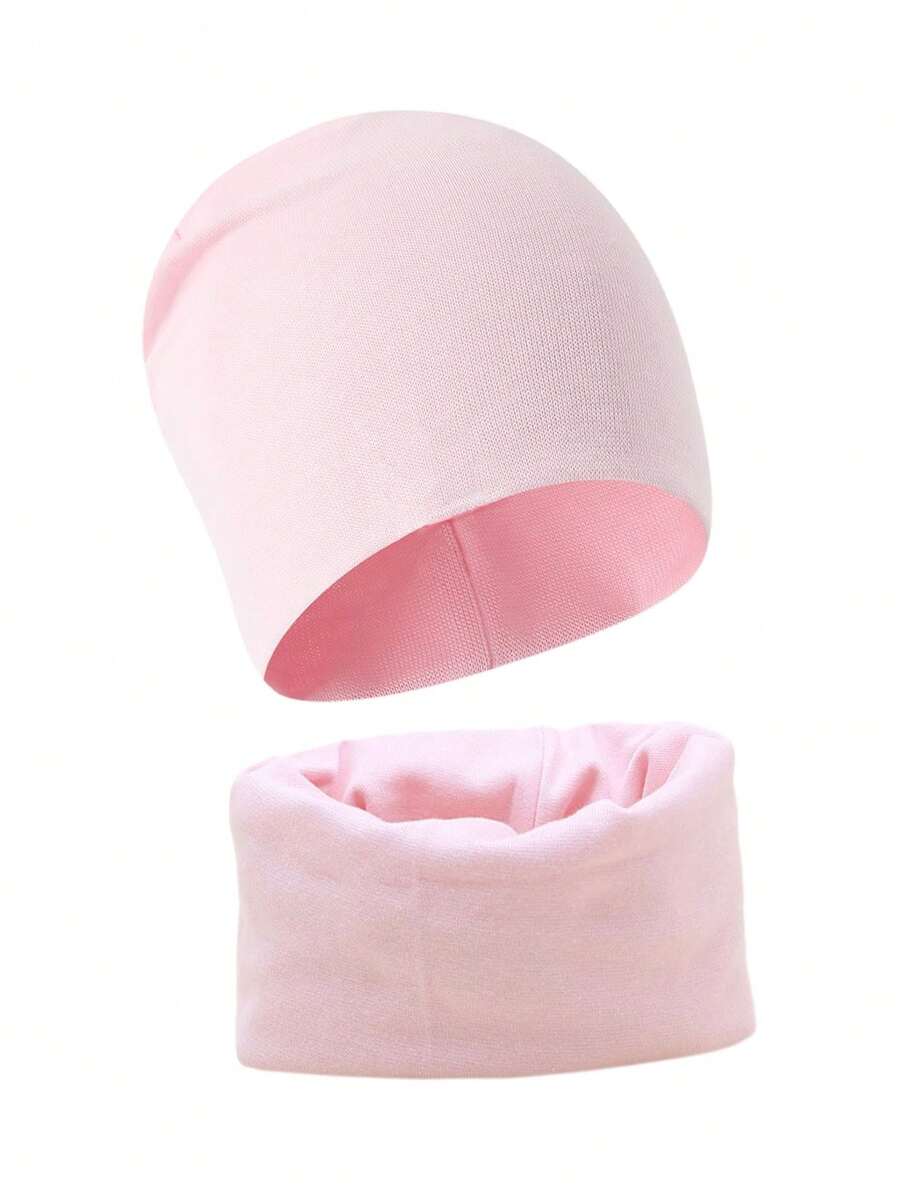Set de 2 piezas de gorro y bufanda de unicolor para niños, gorro y bufanda de punto cálidos para niñas pequeñas/grandes, primavera/otoño - Rosa Pálido - Ver 1
