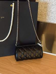 1pc Girls' PU Rhombus Embroidery Crossbody Bag, Fashion Versatile Mini Cylinder Bag, Luxury Niche Shoulder Bag, Zipper Closure, Suitable For Outing, Daily Outfit, Party, Travel, Birthday & Holiday Gift - A - View 6