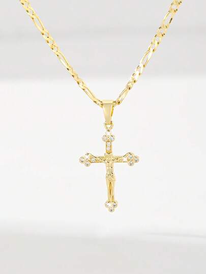 1pc European & American Classic Copper Inlaid Zirconia Jesus Cross Pendant Necklace, Limited Edition "Light Of Protection", Suitable For Christmas/Thanksgiving/Halloween/Mother's Day/Valentine's Day Gifts For Couples/Friends/Believers, Catholic First Communion, Gifts, Daily & Holiday Wear For Prayer
