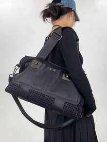 Y2K Retro Women's Street Handbag, Personalized Mesh Patchwork Leather Shoulder Bag, Large Capacity Front Pocket Rivet Crossbody Bag, Suitable For Daily Use And Gatherings - Black - View 6