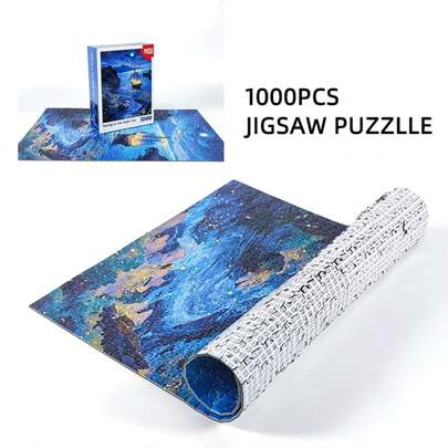 1000pcs Extra Mini Jigsaw Puzzle -Night Sea Voyage With Starry Night ,Ocean Pattern 15x10 Inch Poster Size, Creative DIY Assembly Toy Gift Choice For Valentine's Day Birthday (Present Suitable For Adults Stress Relief Home Wall Decor Puzzle Game)