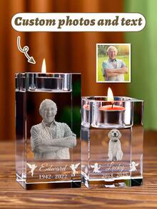 Personalized Crystal Candle Holder With Inner Engraving, Customized Photo, Name And Text, Guardian Angel, Angel Wings, Paw Print, Glass Candle Holder, Memorial Keepsake, Pet Memorial, Condolence, Memorial For Loved Ones, Christmas, Home Decor For Family And Friends - Little Angel 2 - View 2