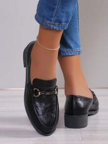 女士时尚金属扣低帮粗跟中跟黑色玛丽珍乐福鞋 - 黑色 - 查看 4