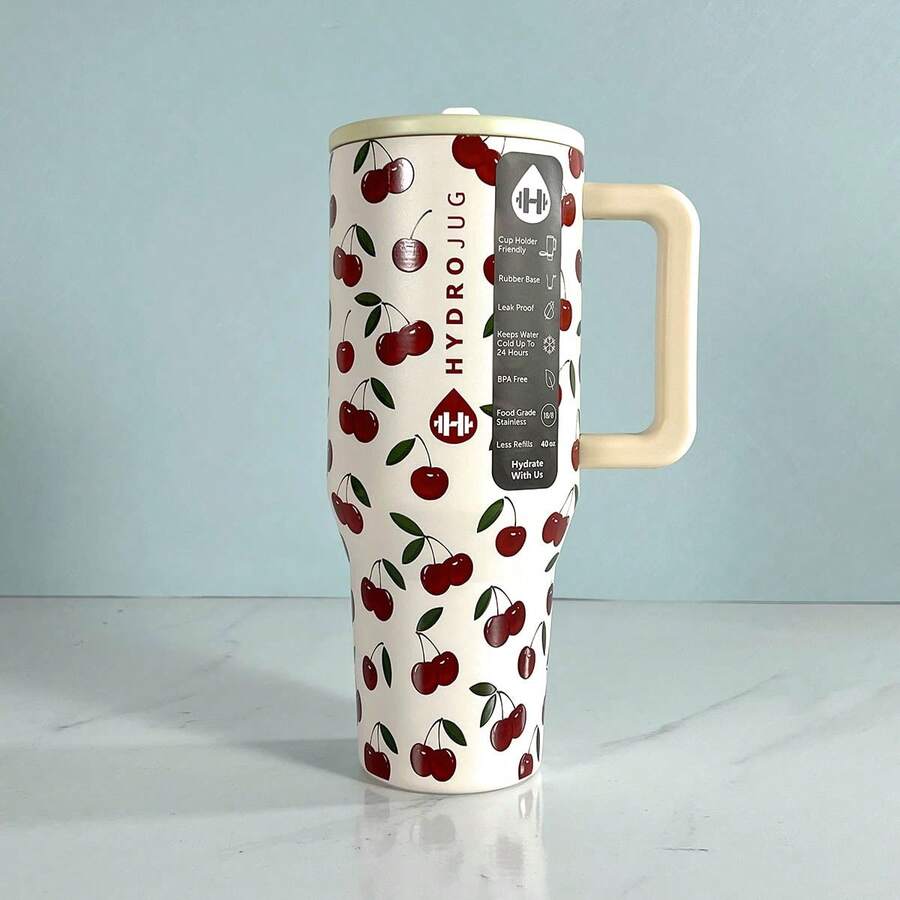 Hydro Jug 40oz Original Traveler 32 Oz/40 Oz Water Bottle With Handle & Flip Straw - Fits In Cup Holder, Leak Resistant Tumbler-Reusable Insulated Stainless Steel & Rubber Base - Gifts For Women & Men - cherry-40oz - 查看 1