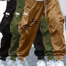 Men'S Plus Size Cargo Pants Set - 3pcs Heavy-Duty Work Pants With Cargo Pockets, Non-Stretch Fabric, All-Season Trousers For Construction, Hiking, Everyday - Bulk Cargo Pants For Men, Hiking Gear, Casual Style, Durable Construction - 軍綠色 - 查看 2