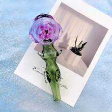 5 Inch New Product  Rose Shaped Glass/Flower Glass Decor With Pink Pouch - Elegant Floral Decor With Green Leaves, Holiday Gift, Birthday Gift, Gift For Friends - 紫色 - 查看 4