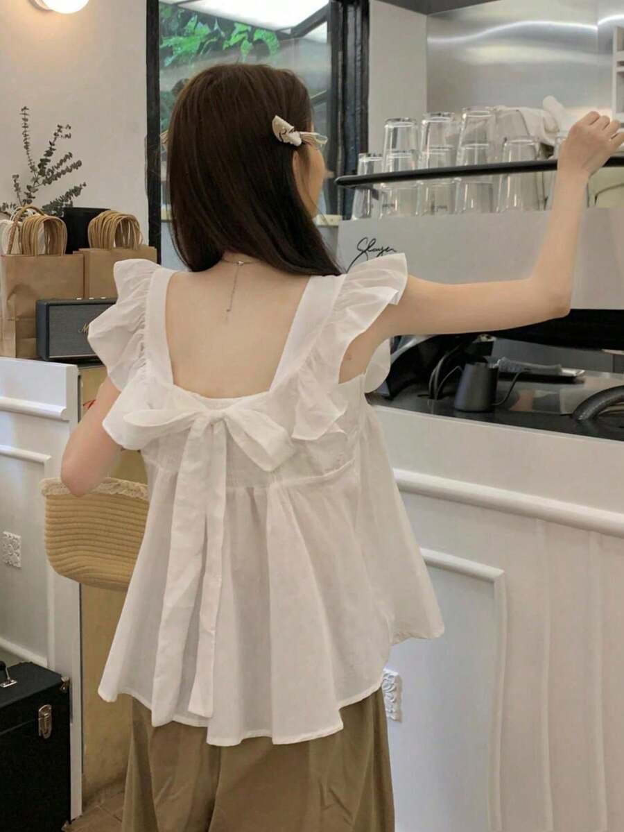 Áo kiểu tay ngắn cổ vuông cho nữ, kiểu dáng mới mùa hè với thiết kế nơ độc đáo (có thể mặc hai mặt) màu trắng. - trắng - Xem 1