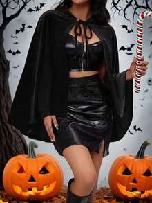 1pc Velvet Hooded Cape Suitable For Both Men And Women.Ideal Choice For A Witch. For Various Festival Performances Carnivals, Christmas, And Halloween - Black - View 2