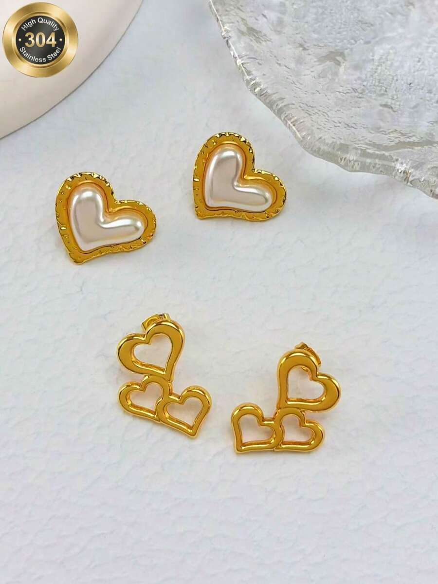 两对18K镀金不锈钢心形耳环,复古性感风格,适合日常佩戴或特殊场合,是送给女朋友或闺蜜的理想礼物。 - 金色 - 查看 1