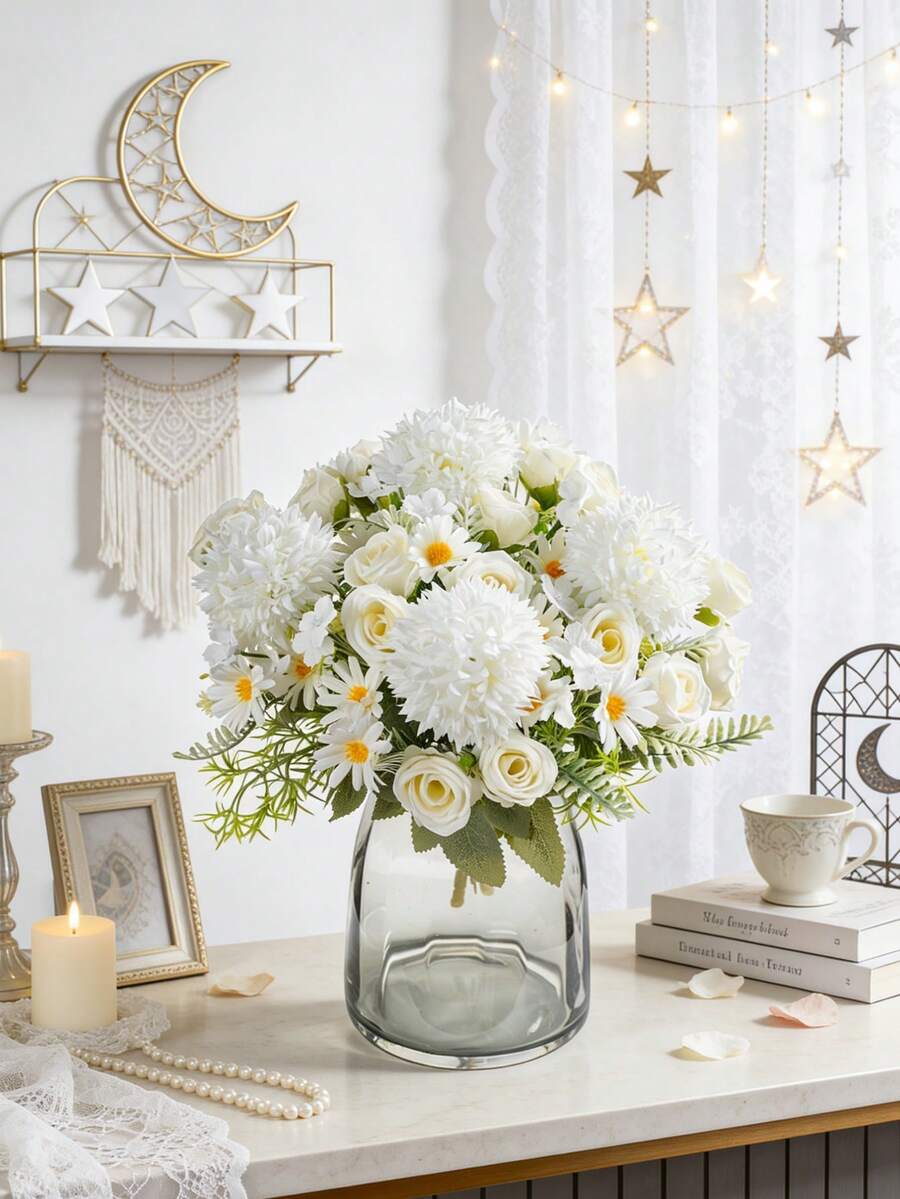 80支/套 人造玫瑰、绣球花、牡丹混合花束，新娘捧花，婚礼装饰，DIY花环材料，生日派对，家居，餐厅，客厅，花园装饰，新年礼物 - 白色 - 查看 1