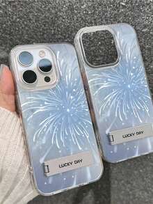 1 件装银色羽毛雪纺全包手机壳，饰有蓝色烟花图案和 3D 金属支架，兼容 11/12/13/14/15/16/17/Pro Max - 銀色 - 查看 2