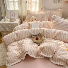 3pcs Soft & Comfortable Linen-Like Fabric Bedding Set (1*Duvet Cover + 2*Pillowcases, Excluding Filler), Featuring Stripe, Bow, Pom-Pom Designs, Suitable For Bedroom, Guest Room, Dorm, Machine Washable - Pink Striped Bow - View 4