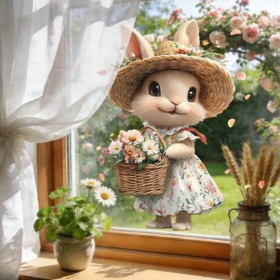 1个复活节兔子窗贴，可爱兔子手捧鲜花静电贴纸，乙烯基材质，可移除玻璃贴花，适合家居客厅春季派对装饰