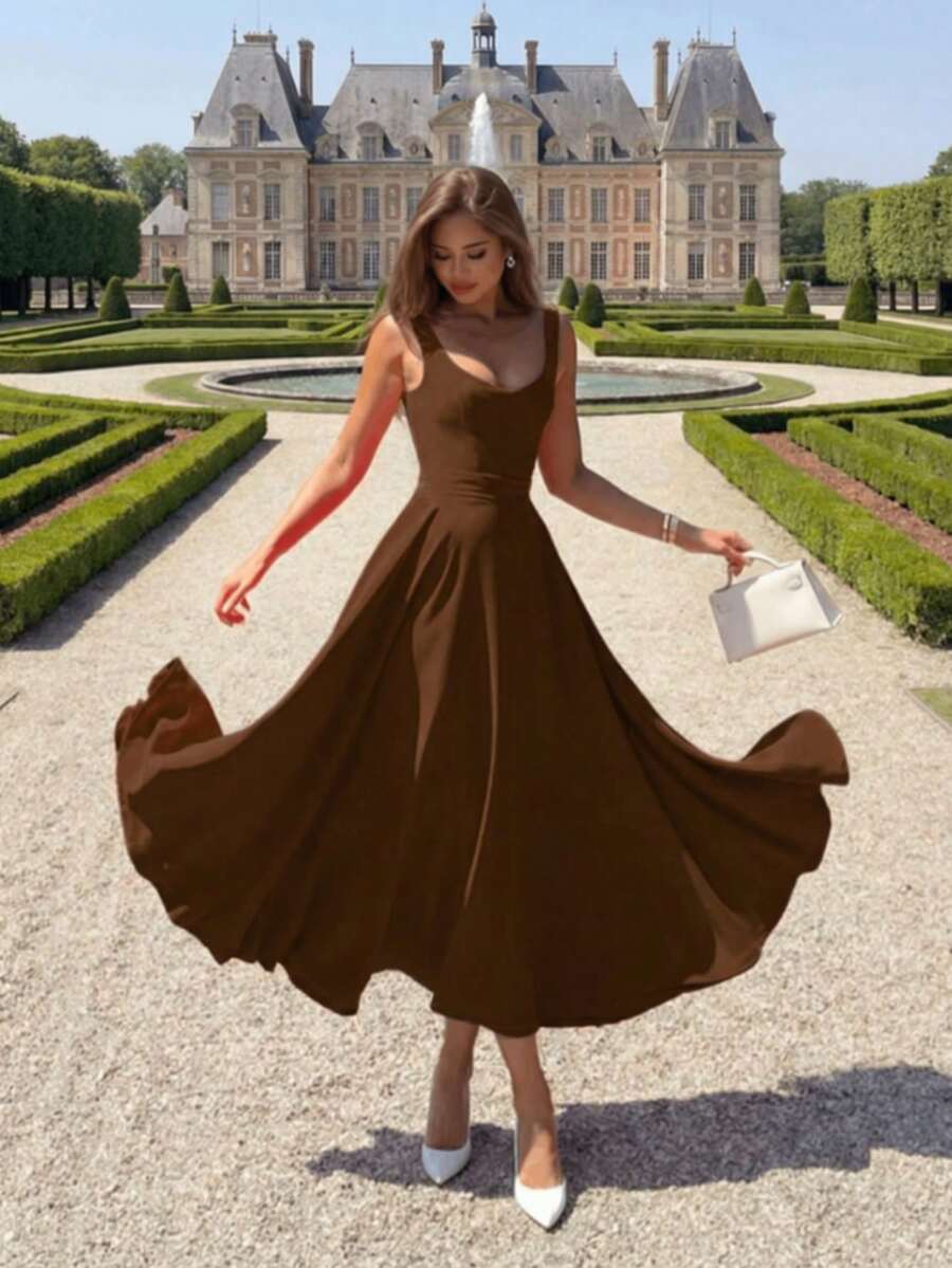 优雅休闲浪漫迷人修身A字连衣裙，适合日常穿着、约会、情人节派对等夏季场合。 - 棕色 - 查看 1