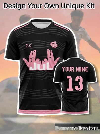 1 Stück personalisiertes JUL Thema Schwarz & Pink Fußballtrikot - Individueller Name & Nummer Druck (Vorder-/Rückseite) - Modisches, schnell trocknendes, atmungsaktives Top, geeignet für Sport und Lässig Wear - Einzigartiges Fan Design Herren Fußballshirt (Frühling/Sommer), ideal für 90-Minuten Fußballspiel, Valentinstag Geschenk