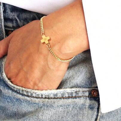 1 pieza Pulsera de acero inoxidable dorado con cadena y cruz simple de moda para hombres