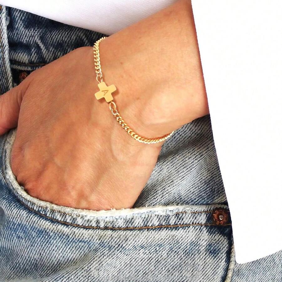 1pc Fashion Simple Cross Initial Golden Stainless Steel Chain Bracelets For Men - Yellow Gold - View 1
