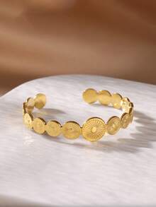 1Pc Vintage Sun Ray Round Splicing Bangle For Women Gold Color Stainless Steel Geometric Bangle Wedding Party Jewelry Gift - Yellow Gold - View 6