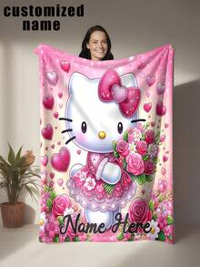 Personalized Sanrio Hello Kitty Rose Fleece Blanket - Customized Name, Soft Flannel Blanket With Pink Heart And Rose Pattern, Warm And Cozy Gift For Family And Friends, Suitable For Home Decor Or Holiday Occasions, Hello Kitty Blanket - Multicolor - View 17
