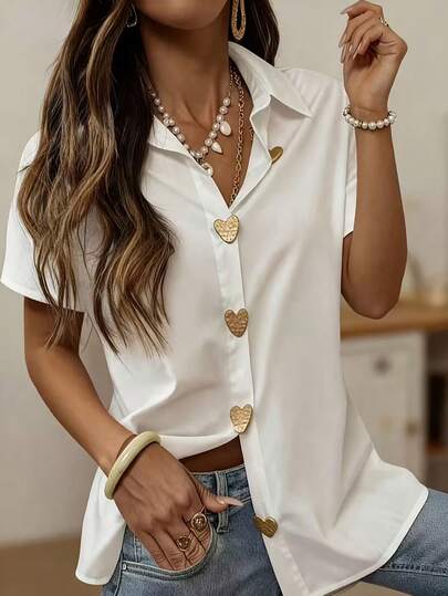 Women's Short-Sleeved Shirt, Heart-Shaped Decoration, Elegant Spring And Summer Blouse. White