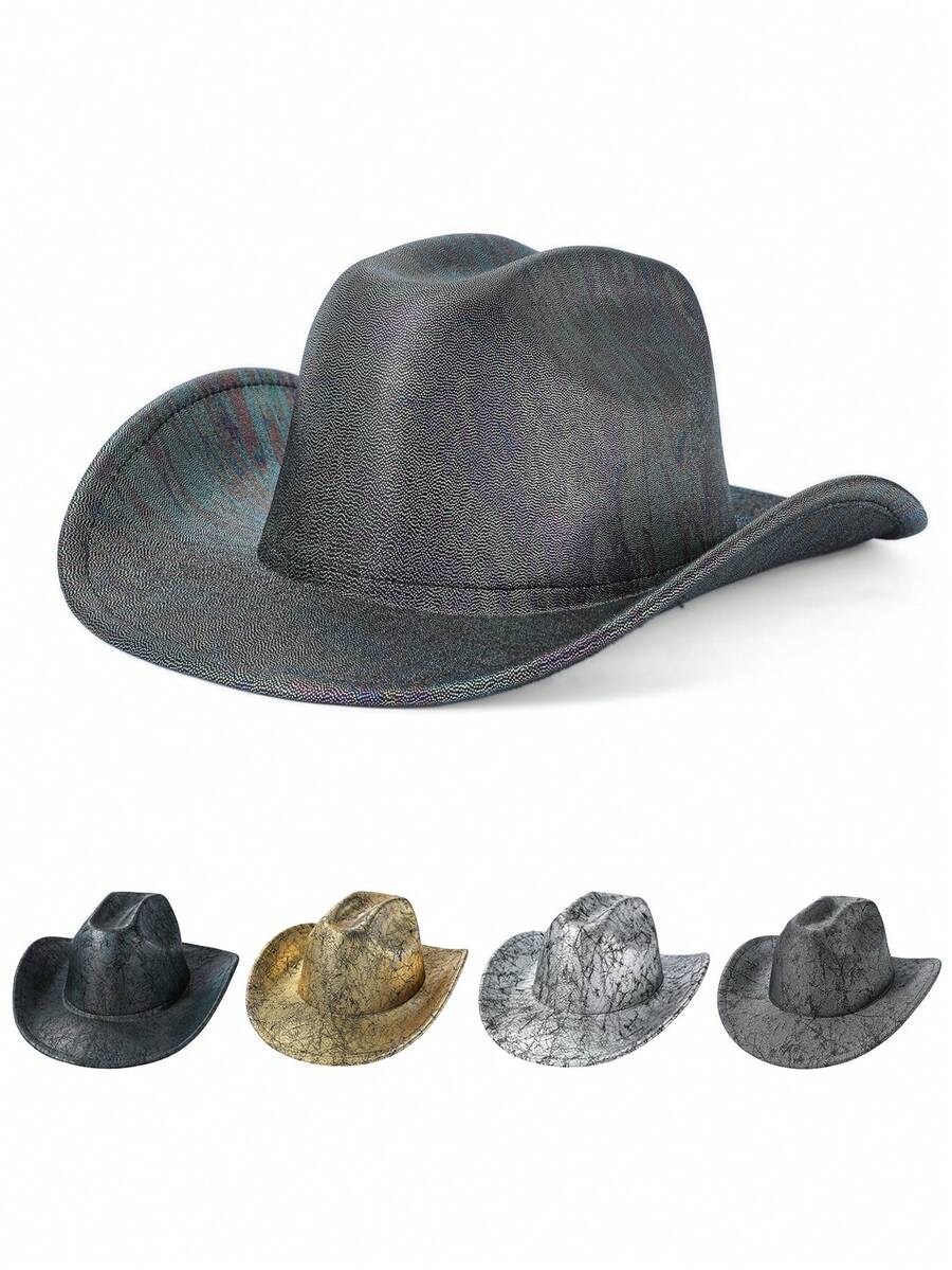 1顶炫彩黑色牛仔帽，面料反射彩虹光泽，未来感十足的宽檐设计修饰脸型，适合音乐节、派对、日常佩戴。 - 禮帽 - 查看 1