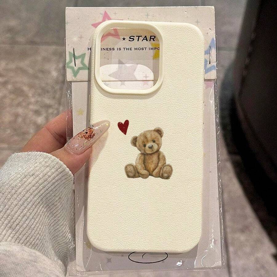 1pc TPU Soft Cute Teddy Bear Heart Pattern Phone Case Compatible With IPhone 17 Pro Max/17/16 Pro Max/15/13/12/11, S20 FE/A15/S24/A55, Redmi Note 11/12/13 Pro, Full Body Shockproof Soft Protective Cover - White - View 1