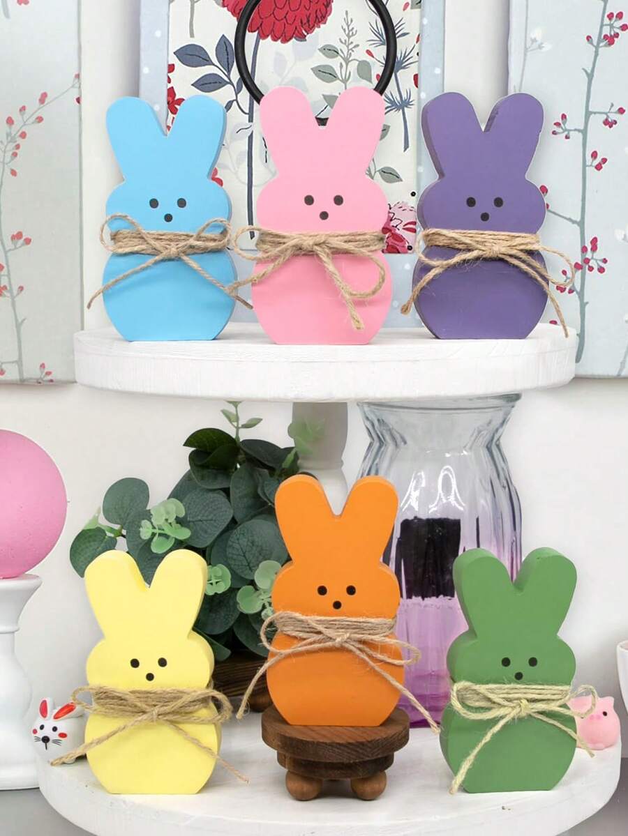 6pcs Easter Decorations, Wooden Tiered Tray Rabbit Decor, These Adorable Rabbit Decorations Bring Joy To Easter, Great For Tiered Display, Easter Home Decor, Spring Wooden Decor, Holiday Party Decoration And Birthday Party Decoration. - Multicolor - View 1