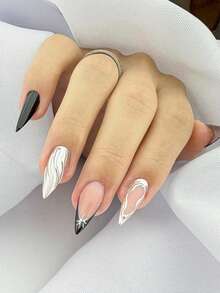 10片手工亚克力浮雕美甲贴片，短款杏仁形假指甲，可爱美甲设计，Y2K风格，法式美甲，黑银色指甲，手绘水波纹纹理和银色星星点缀，低调奢华，适合女性和女孩日常佩戴或出席活动，附赠美甲工具和用品。 - 黑色 - 查看 14