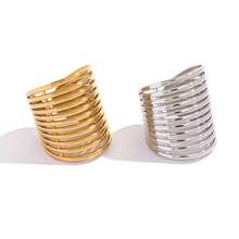 Frminee 2pcs/1pc 18K Gold Plated Chunky Statement Gold Stainless Steel Ring For Women, Hypoallergenic Wide Stack Ring, Accessories For Women - Multicolor - View 5