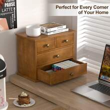 Oak Desk Organizer With Drawers, Durable Wooden Desktop Storage Box With Metal Handles & Non-Slip Silicone Pads, 4 Drawer Tabletop Organizer Office, Bedroom, Bathroom, Vanity, And Makeup – Walnut - Walnut - View 5