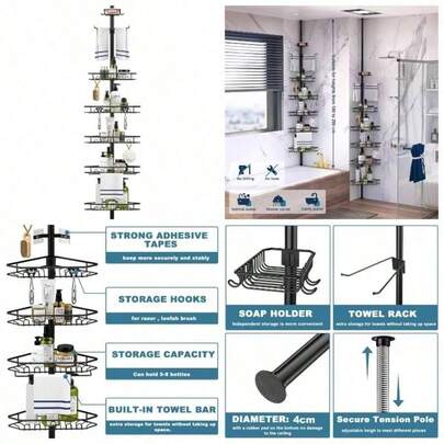 Tier Adjustable Corner Shower Shelf, Telescopic Shower Caddy With Soap And Towel Rack, No Drilling Bathroom Storage Organizer Shampoo Accessories Black