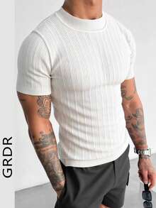 GRDR 1pc Men's Slim Fit Striped Short Sleeve Turtleneck Sweater, Spring/Summer New Arrival - White - View 1