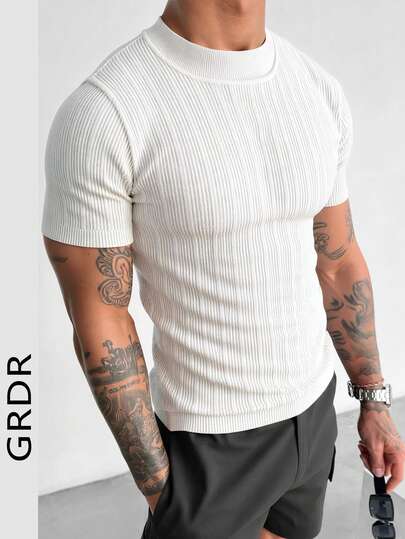 GRDR 1pc Men's Slim Fit Striped Short Sleeve Turtleneck Sweater, Spring/Summer New Arrival