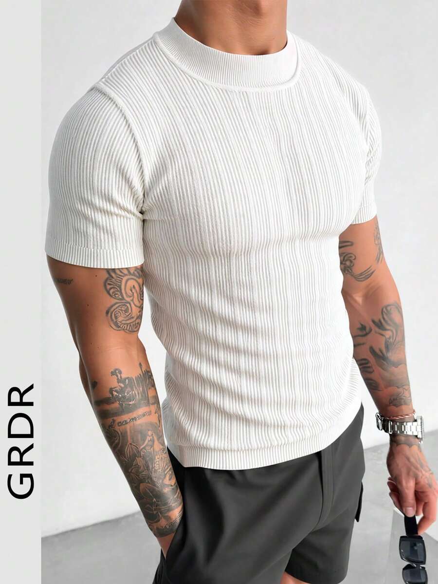 GRDR 1pc Men's Slim Fit Striped Short Sleeve Turtleneck Sweater, Spring/Summer New Arrival - White - View 1