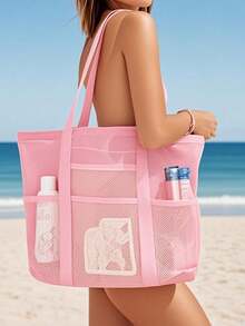 1 Piece Summer Simple Mesh Holiday Beach Bag Multi-Pocket Large Capacity Waterproof Shoulder Tote Bag Suitable For Multiple Scenes, Swimming Storage Bag, Travel, Vacation, Beach, Shopping Bag Mother'S Day Gift Summer Beach Bag For Mom , Beach Bag - 彩色 - 查看 2