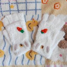 1双仿羊绒胡萝卜半指翻盖手套，秋冬季保暖加厚手套，适合学生和儿童 - 彩色 - 查看 3