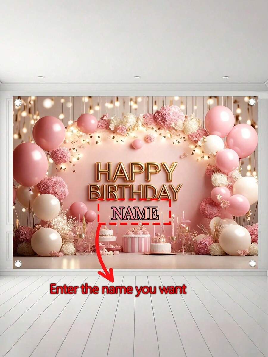 Personalized Name & Birthday Background - Pink Balloon Party Photo Backdrop, Valentine's Day Family Party Decor, Children's Birthday Party Photo Booth Banner