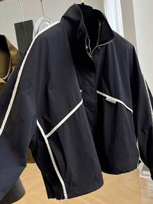 Áo khoác thời trang sành điệu, cổ đứng, dáng ngắn dành cho nữ, áo gió mùa xuân/thu chất lượng cao, hợp thời trang cho người nhỏ nhắn, màu đen. - màu đen - Xem 5