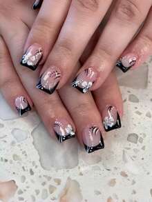 24片装夏季美甲套装，短款方形按压式美甲，简约法式风格，黑色法式线条花瓣，白色花朵图案设计。采用欧洲进口甜美亚克力假指甲。裸色亮泽假指甲，适合女士约会、日常佩戴及其他场合。美甲产品，亚克力美甲，方形假指甲，美甲装饰！ - 黑色 - 查看 9