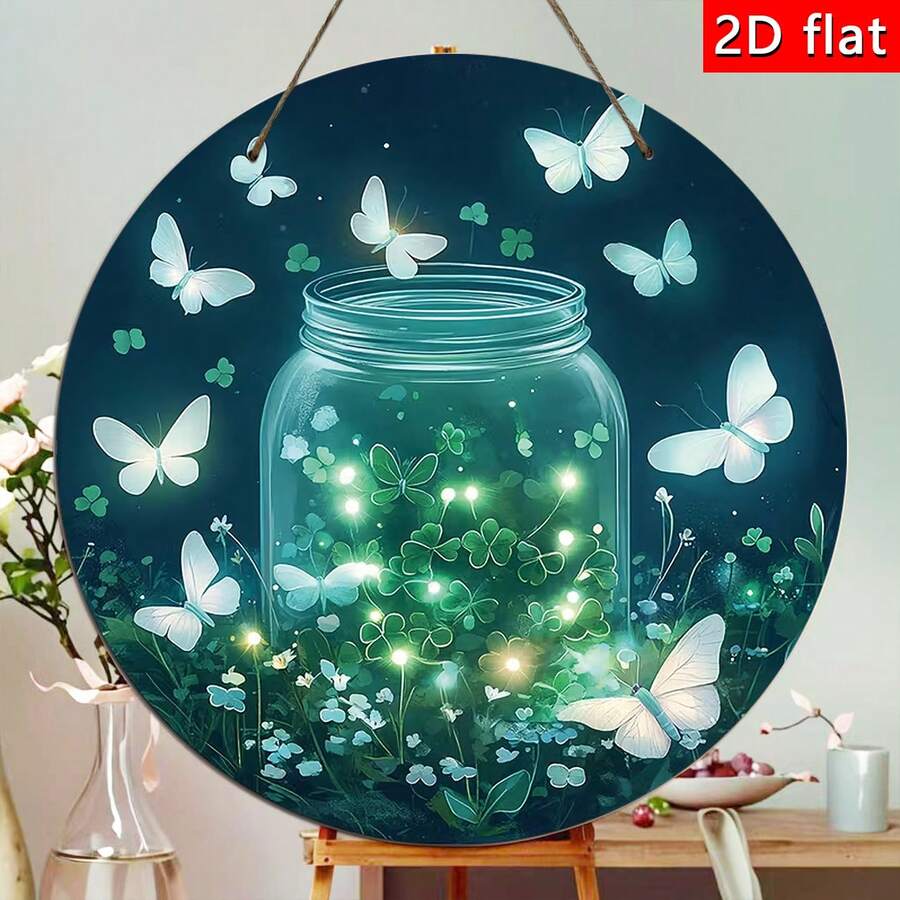 1pc Vintage Wooden Wall Hanging Decor Plaque, St. Patrick's Day Clover & Butterfly Design, Suitable For Home, Garden, Indoor/Outdoor Portable Decoration - Green - View 1