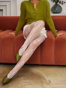 1 Pair Plus Size Women's Fishnet Tights, French Vintage Rose Lace Jacquard Stockings, Sexy Elegant Punk Style Fishnet Pantyhose, Suitable For Holidays, Parties, Evenings - White - View 8