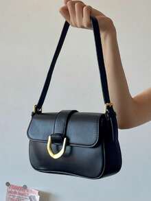 Bag Handbag 2025 New Solid Color PU Material Texture Luxury Style This Is A Solid Color Bright Evening Clutch Bag, With A Fashionable And Unique Short Arc Design, Equipped With Vest Buckle, Suitable For Ladies To Shoulder And Slung, 2024 Korean Fashion, Is The Best Valentine's Day Gift For Her, Travel, Travel, Shopping And Other Occasions To Use The Bag. - 黑色 - 查看 2
