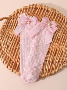 1 Pair Girls' Pearl Triple Bow Solid Color Mesh Socks, Versatile For Daily Wear In Summer - Pink - View 11