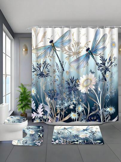 1/4pcs Dragonfly & Floral Pattern Shower Curtain Set, Thick Waterproof & Mildew Resistant Polyester Curtain With 12pcs Hooks, Non-Slip Bath Mat, U-Shaped Mat And Toilet Seat Cover