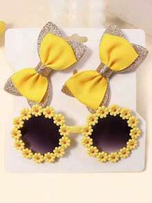 3pcs Girls Hair Accessories Set - Bow Hair Clips + Cute Flower Glasses - Multicolor - View 4