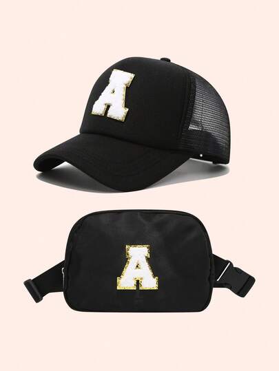 2pcs Letter Graphic Baseball Cap And Waist Bag Set For Men, Women's Mesh Cap With Breathable Design, Suitable For Daily Wear And Outdoor Activities