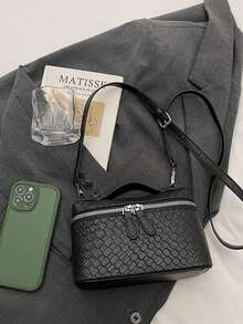 1pc Spring/Summer New PU Leather Woven Texture Square Handbag, Woven Design Dual-Zipper Closure, Fashion Minimalist Elegant Versatile Box Bag Suitable For Commuting, Office, Dating, Daily, Shopping - Black - View 8