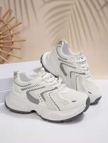 Women's Spring/Autumn New Sports Chunky Sneakers, Mesh Breathable Thick Sole Low Vamp Wedge Heel Casual Shoes, Lightweight Versatile Fashion Casual Lace-Up White Gray Sneakers, White Blue - White - View 7